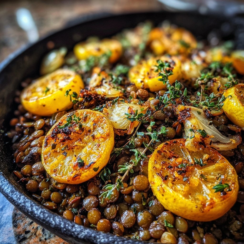 Roasted Lemon Garlic Lentil Skillet