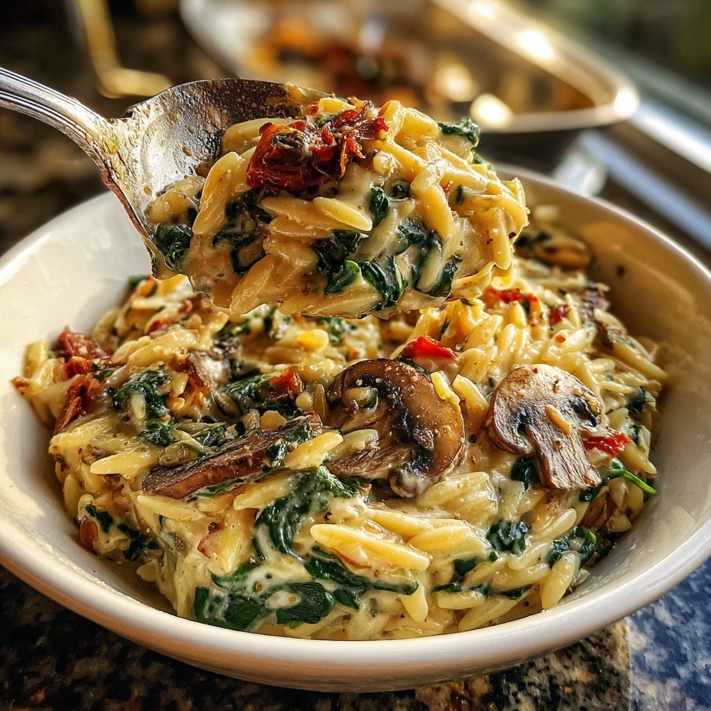 Romantic Creamy Spinach Mushroom Orzo