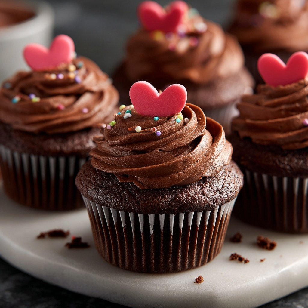 Chocolate Cupcakes with Heart Toppers